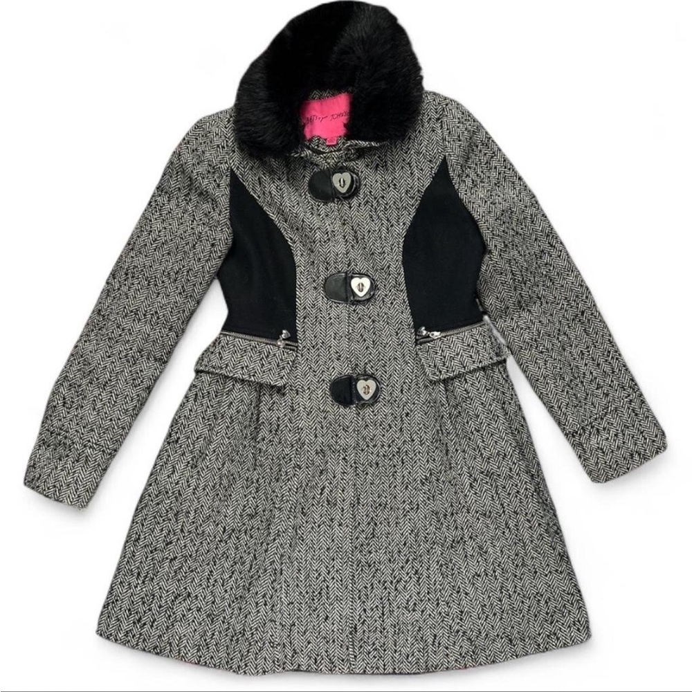 Betsey Johnson Herringbone Wool Peplum Faux Fur Heart Button Jacket Size 8 Glam